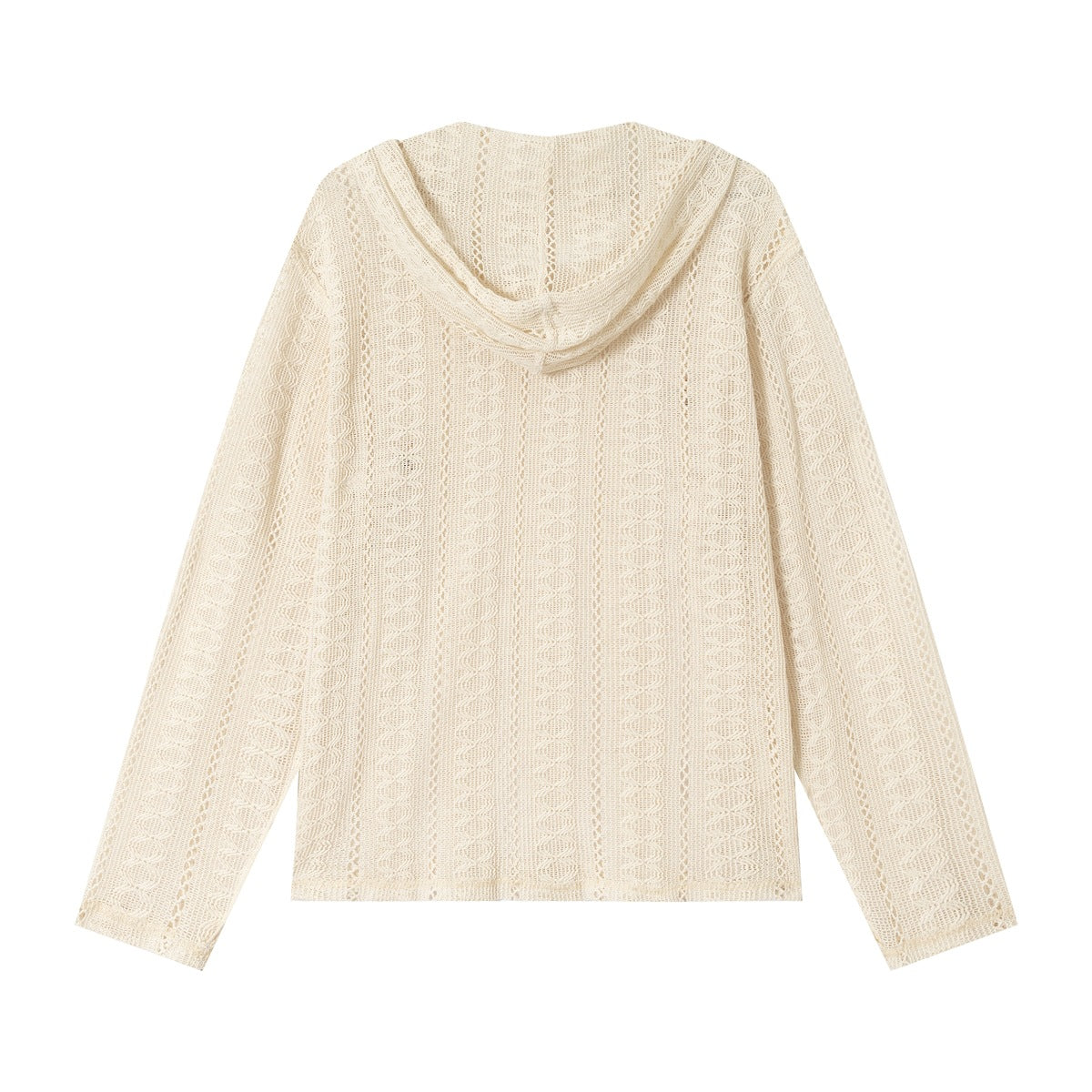 Back view of beige open-knit hooded long-sleeve top with pointelle vertical pattern
