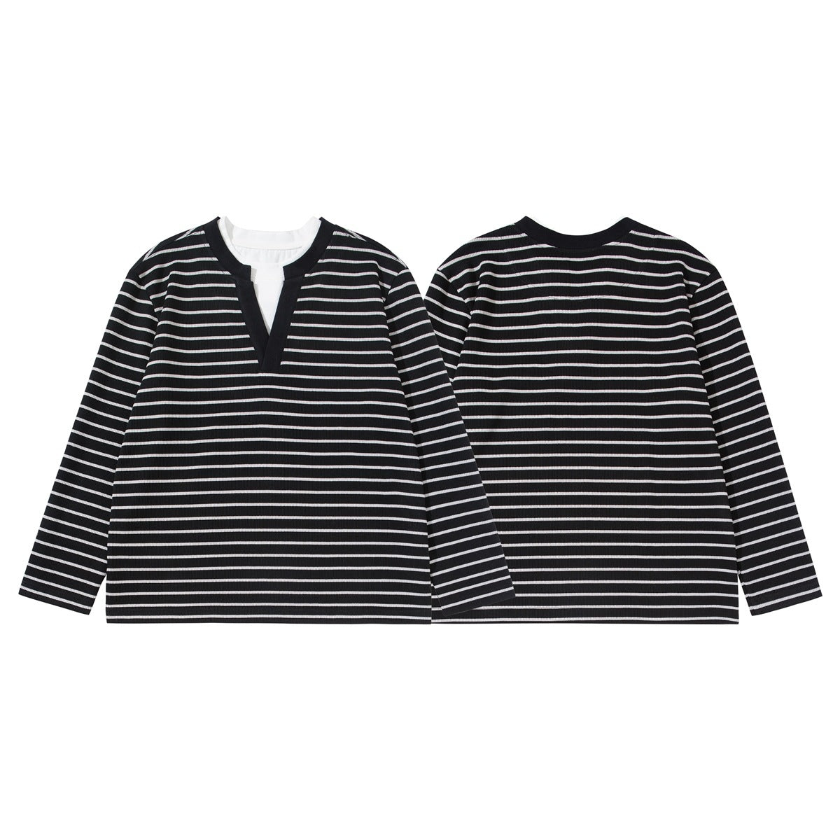 Flat display of a black-and-white striped long-sleeve top, showing the notched V-neck front and crew-neck back.