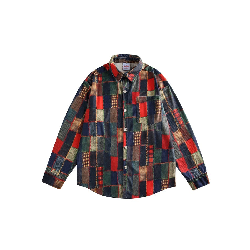 Flat-lay front of a long-sleeve patchwork block print shirt with chest pocket, buttons and collar