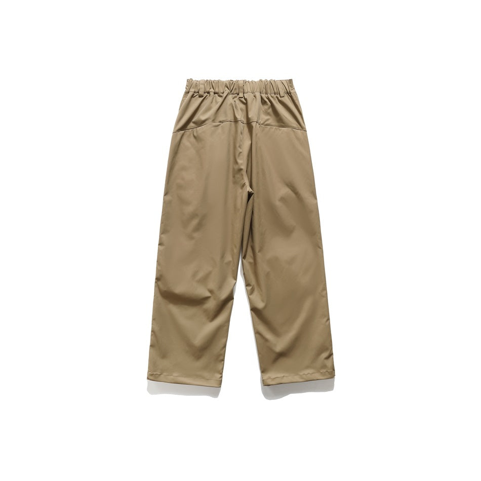 Khaki wide-leg pants flat lay, back view with gathered elastic waistband and yoke seam