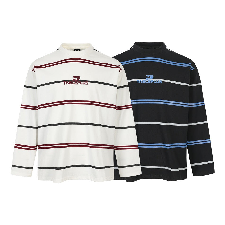 Two long-sleeve striped shirts shown from the front: one white with burgundy and black stripes, one black with blue and white