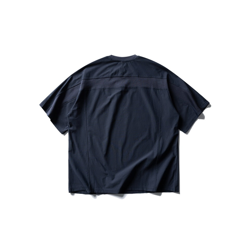 Navy short-sleeve T-shirt back view showing yoke seam and vertical panel seams, flat lay