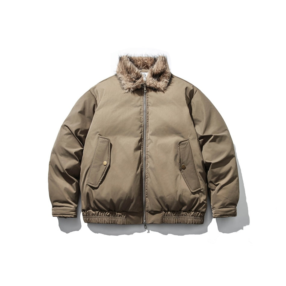 Coffee brown bomber-style padded jacket with fur-textured collar, front zipper, flap pockets and ribbed hem, front view