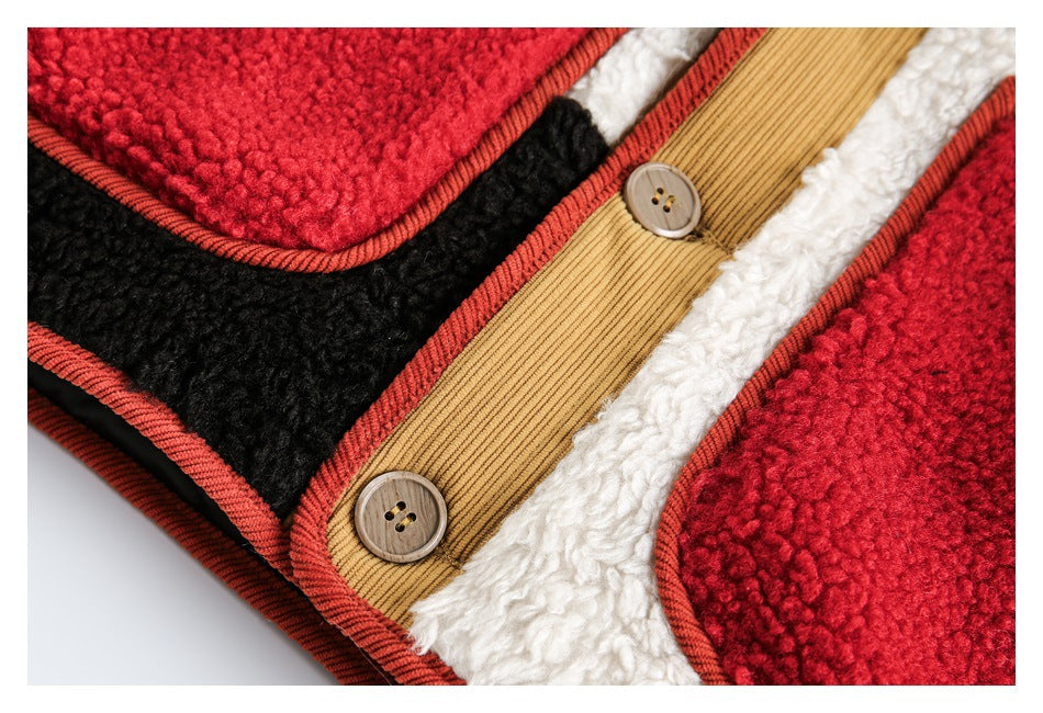 Close-up of a red, black, and cream textured garment with a tan ribbed button placket and two buttons.