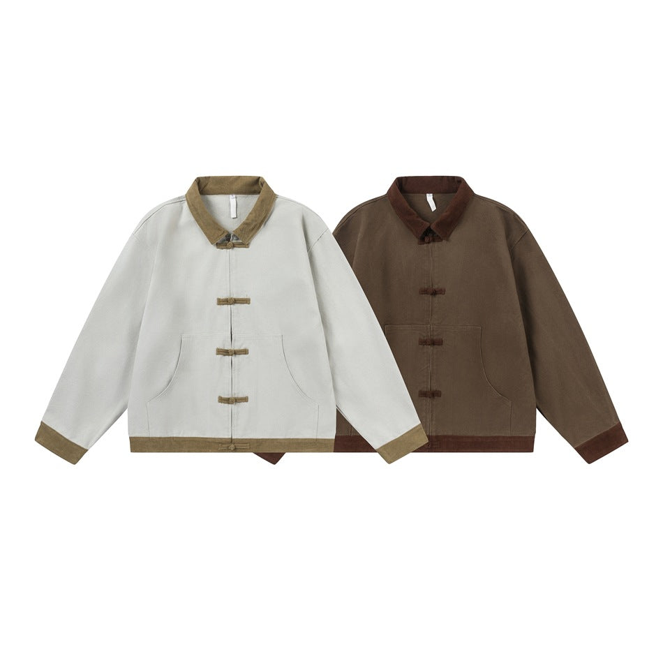 Two front-view jackets shown together: one pale gray with tan trim and one brown with darker contrast trim.