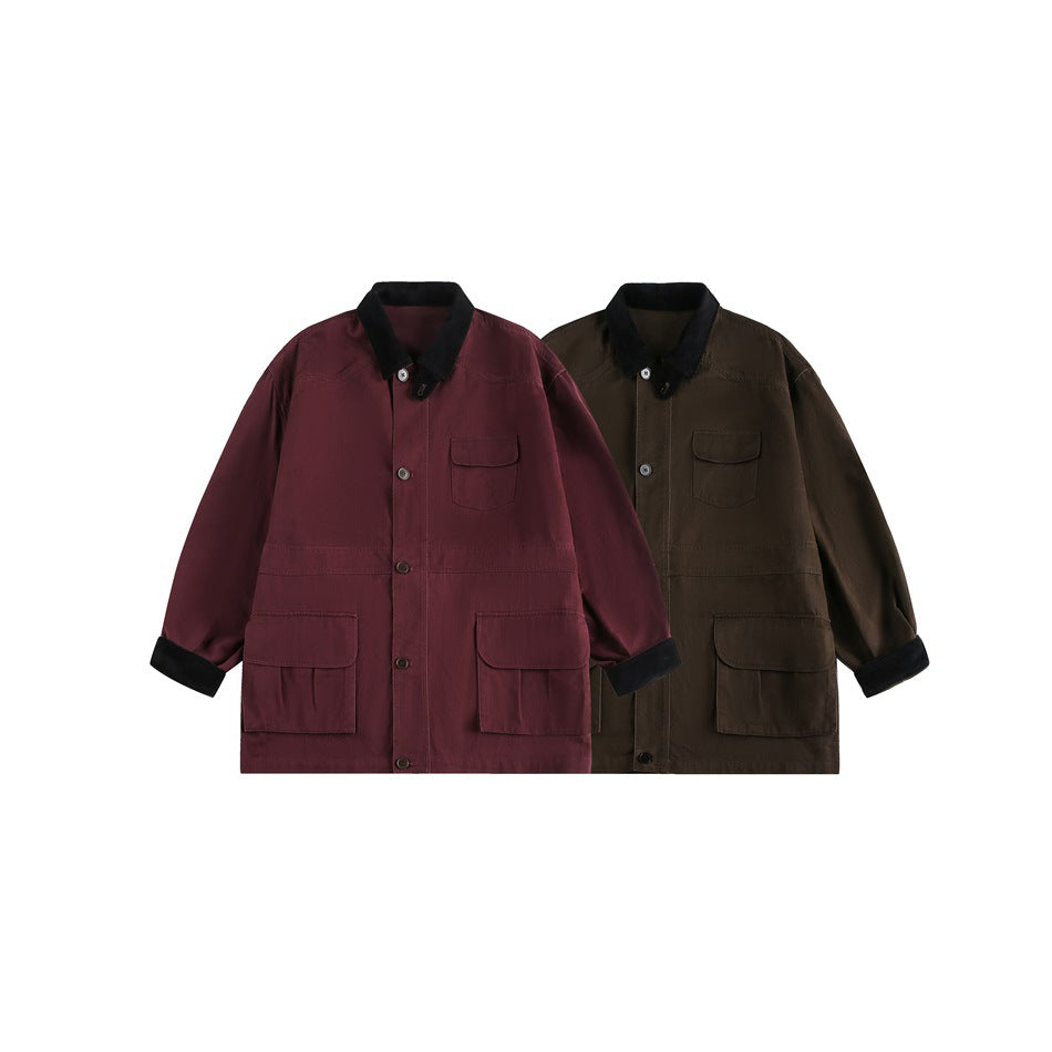 Two utility jackets shown from the front in burgundy and dark brown, each with a black collar and multiple pockets.