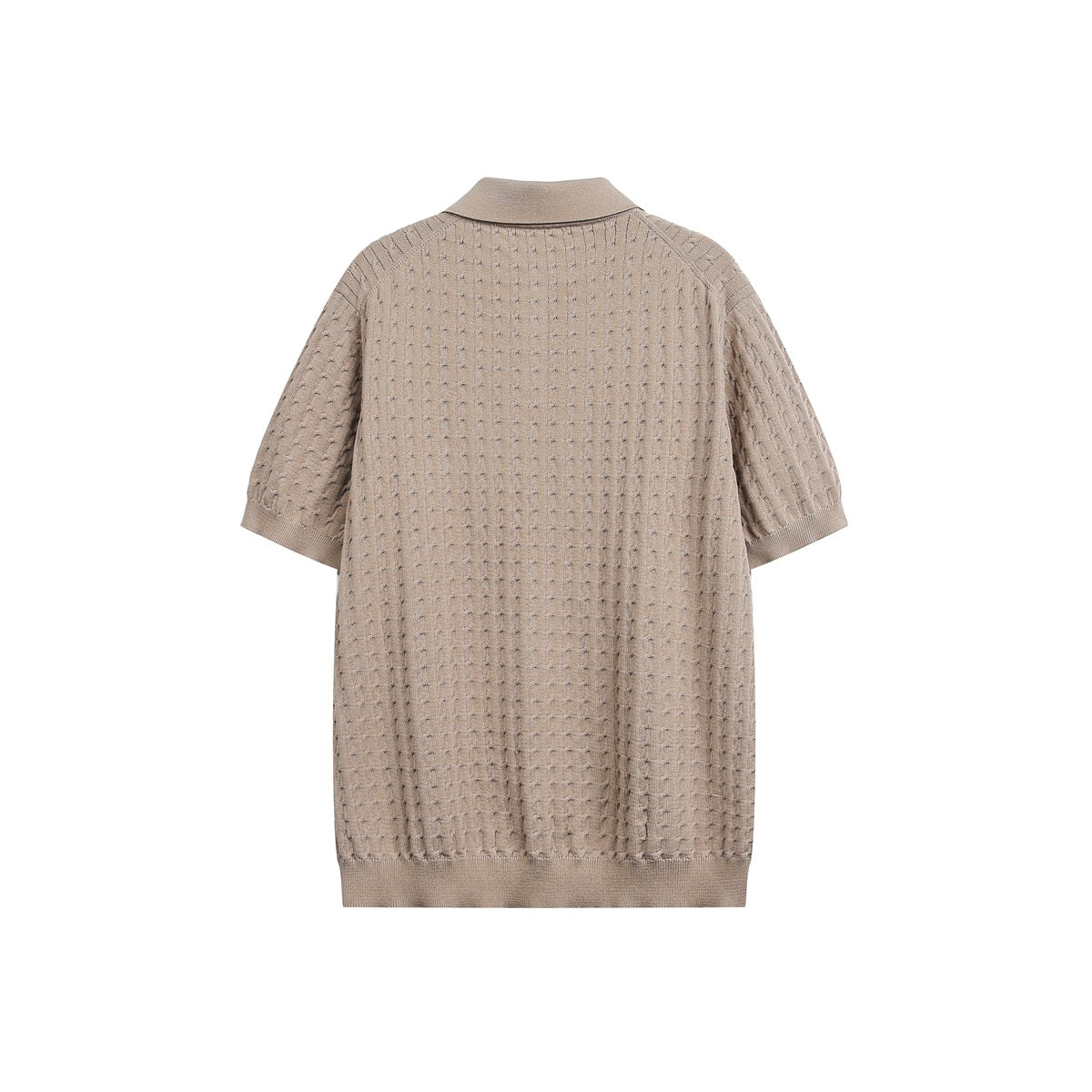 Back view of a taupe short-sleeve knit polo shirt with a textured pattern, collar, and ribbed hems.