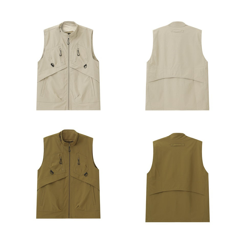 Front and back flat lay views of light khaki and yellow utility vests in a four-panel grid