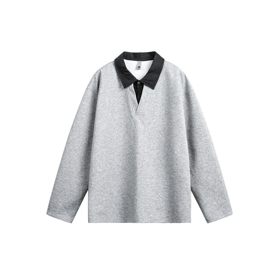 Heather gray long-sleeve pullover with dark charcoal collar and short snap-button V placket, flat front view