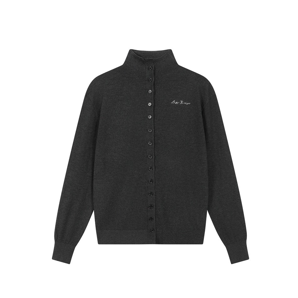 Dark gray knit cardigan with stand collar, black front buttons and small white embroidery, flat front view