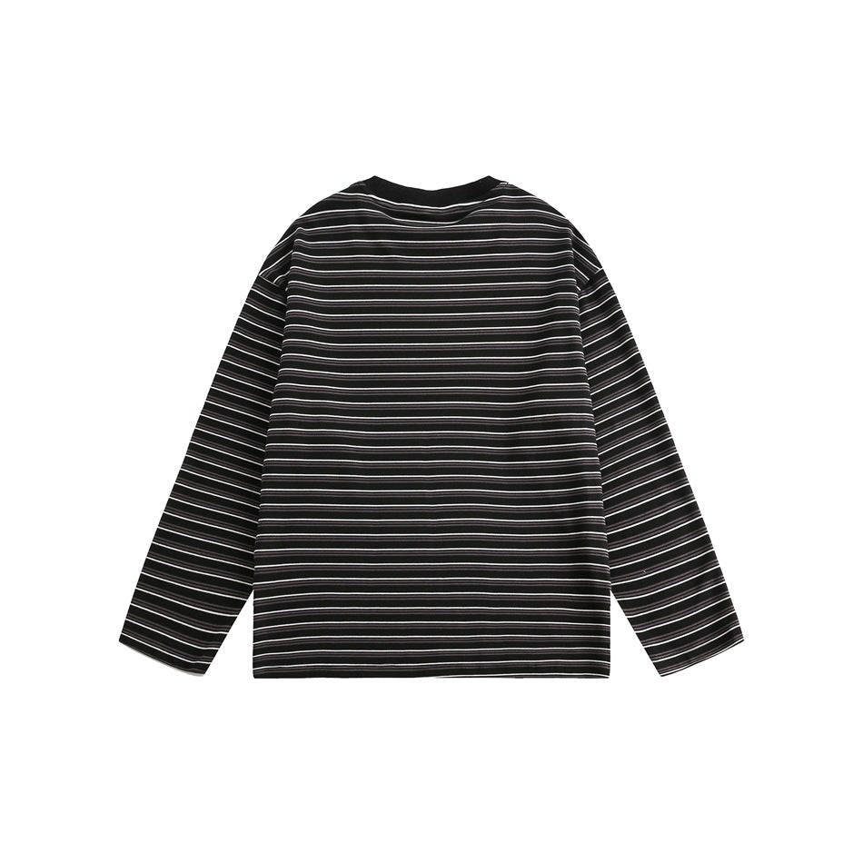 Back view of a black long-sleeve shirt with thin light horizontal stripes, laid flat.