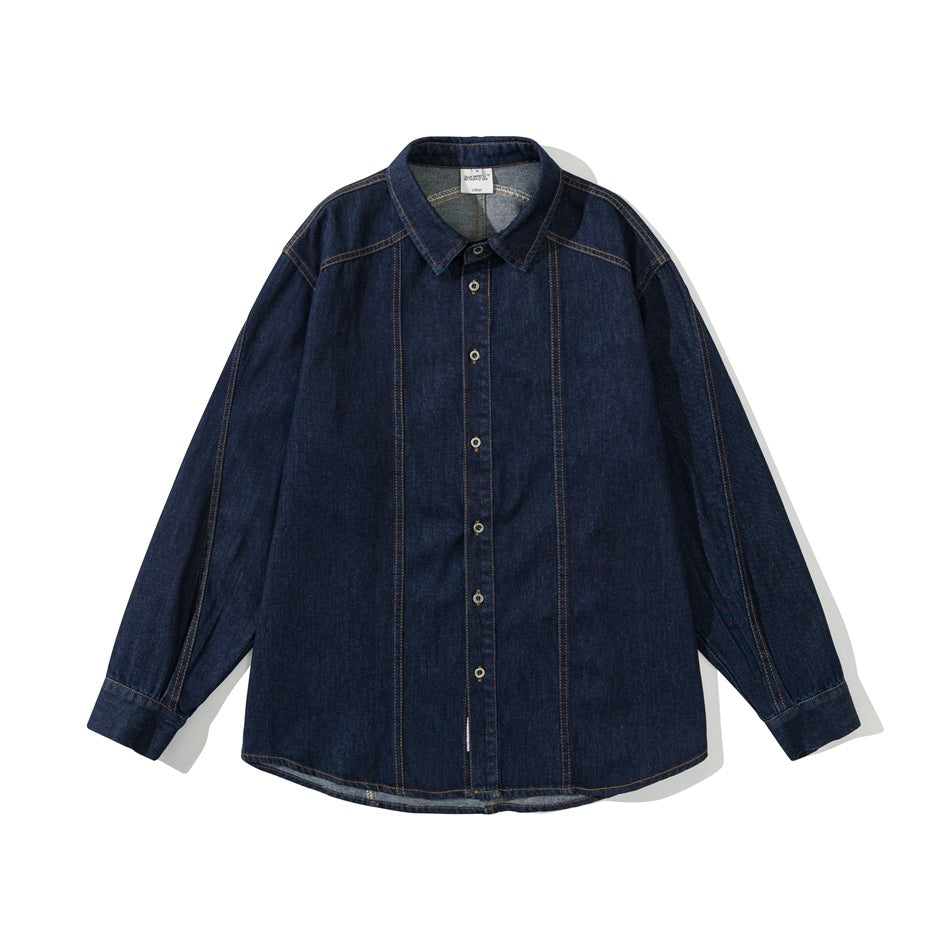 Dark blue denim shirt jacket flat lay, front view with button placket, pointed collar and contrast topstitching