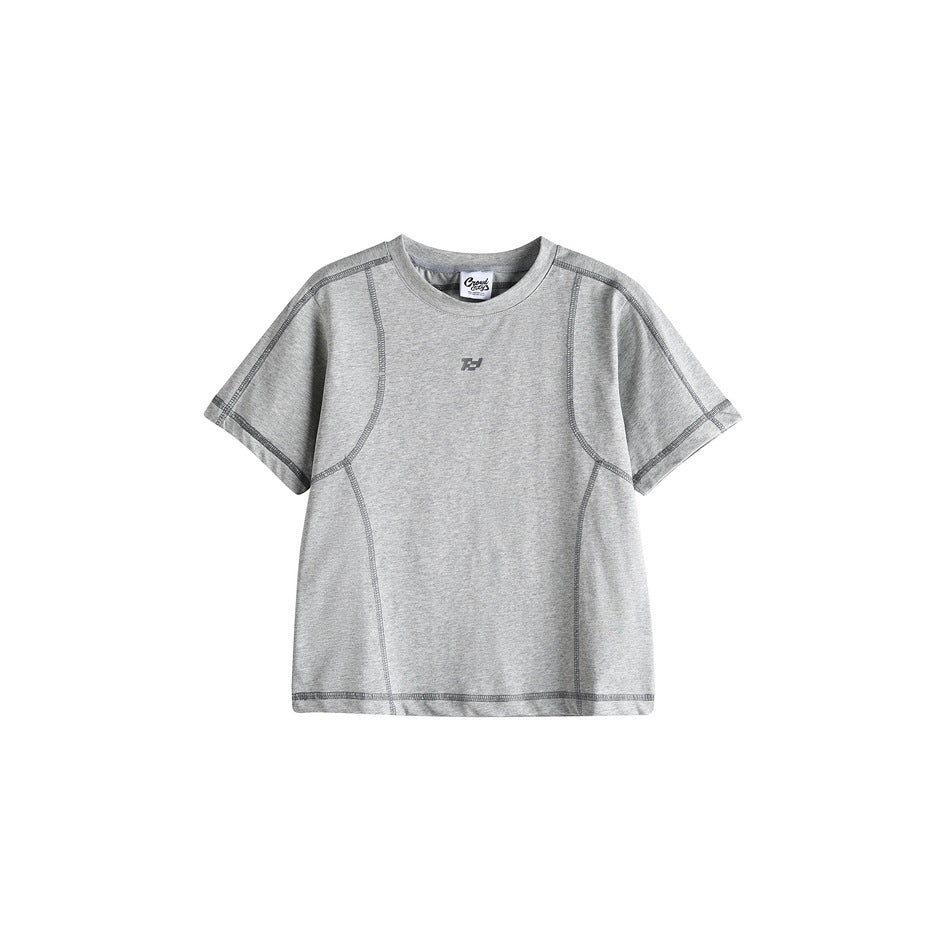 Heather gray short-sleeve crew-neck T-shirt with darker gray contrast stitching and a small chest logo, flat front view