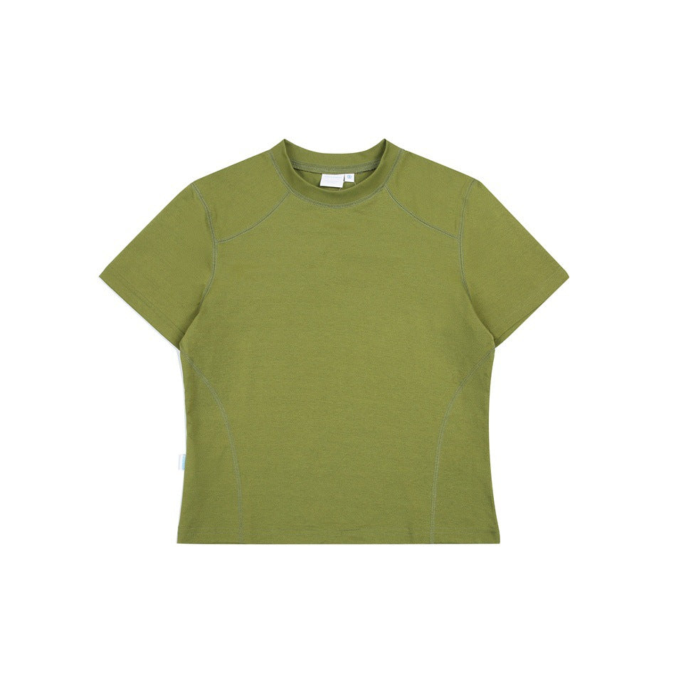 Olive green short-sleeve crew-neck T-shirt with tonal topstitching and curved side seams, flat lay front view