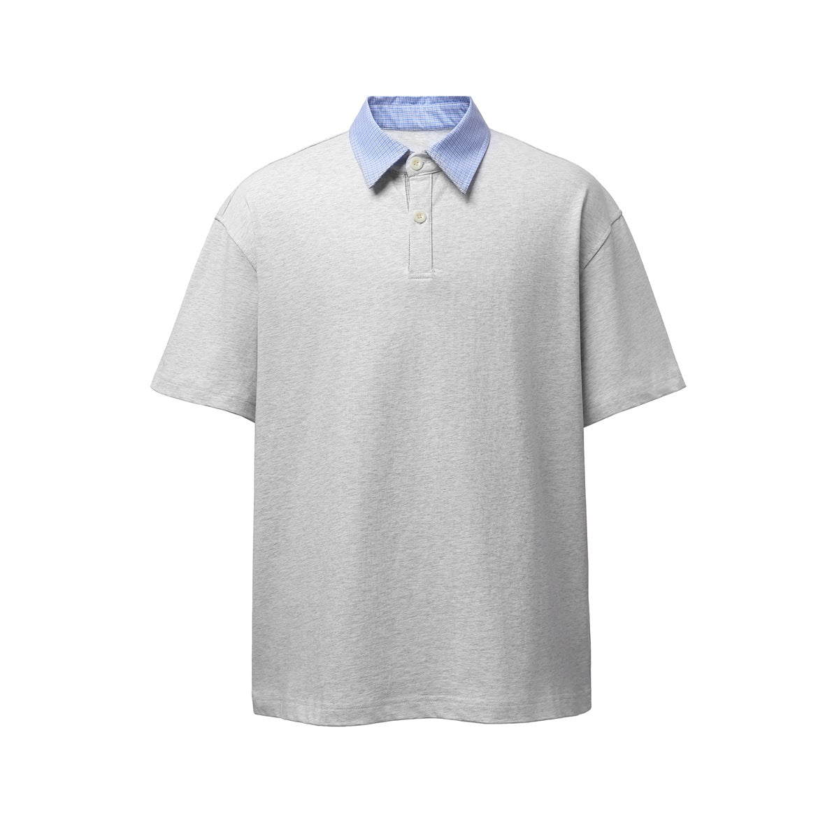 Heather gray short-sleeve polo top with light blue fine-check collar and two-button placket, flat front view