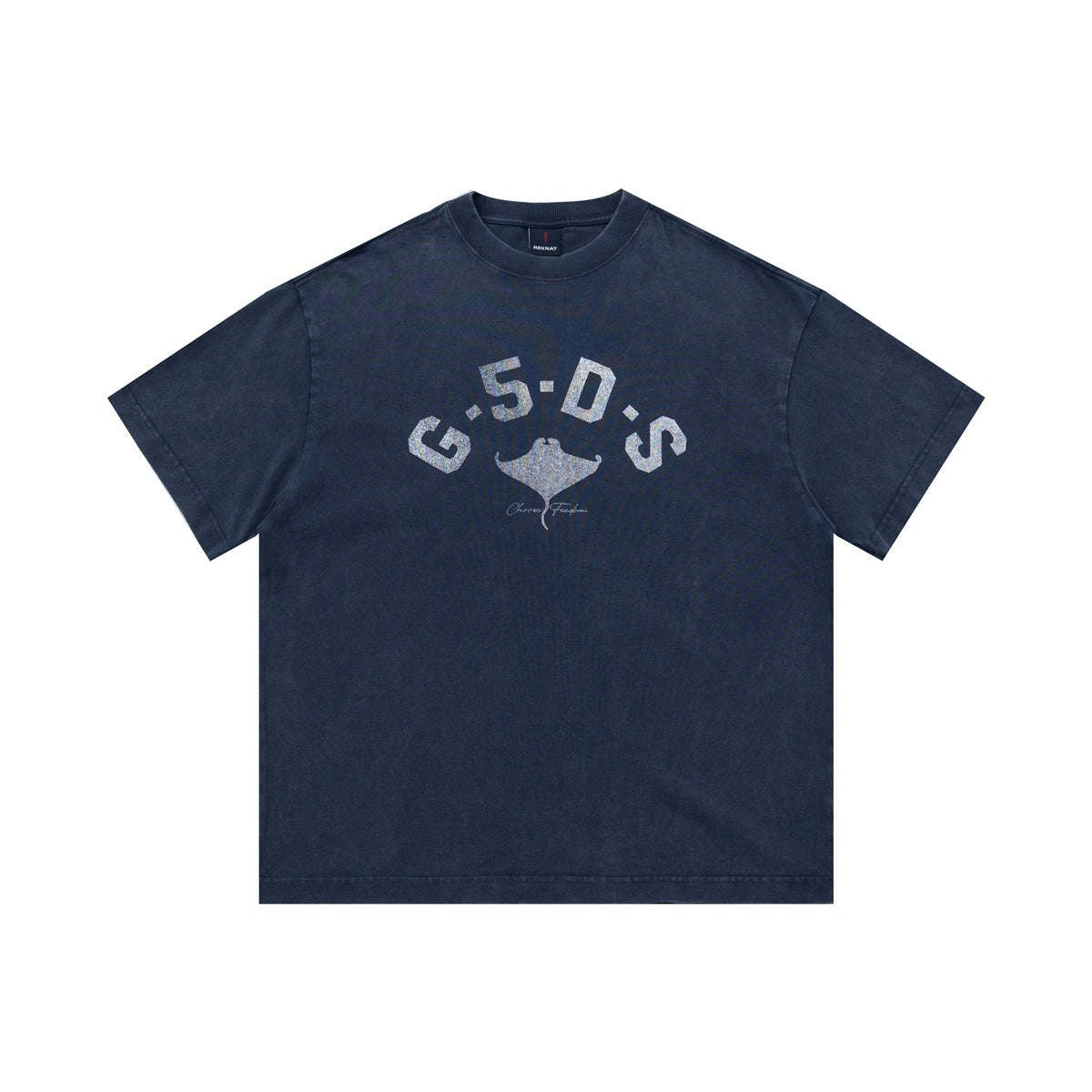 Washed navy blue short-sleeve T-shirt with silver-gray arched G·5·D·S lettering and manta ray graphic