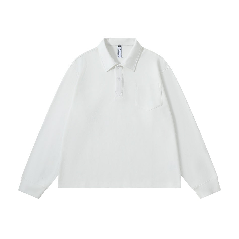 White long-sleeve polo-collar top with two-button placket and chest patch pocket, flat lay front view