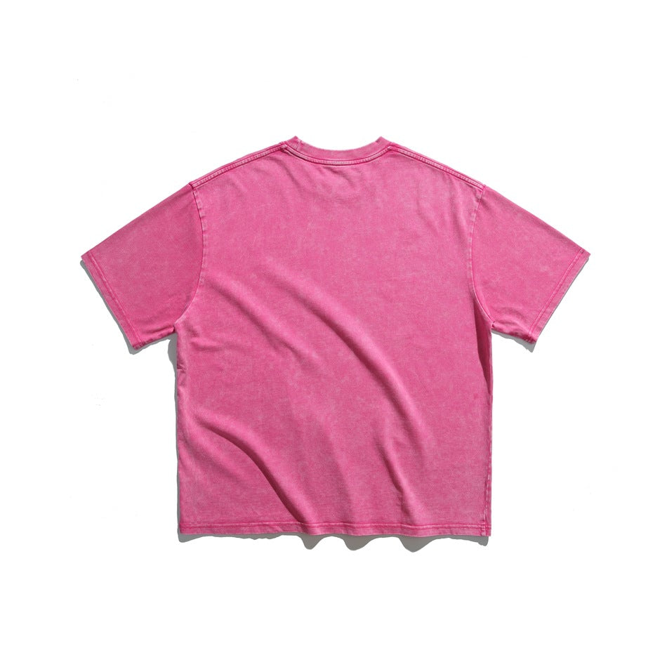 Back view of pink washed-look short-sleeve crew-neck T-shirt with a plain back, flat lay