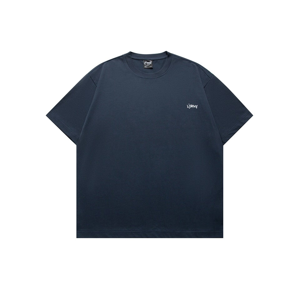 Navy blue short-sleeve crewneck T-shirt front with small left-chest logo