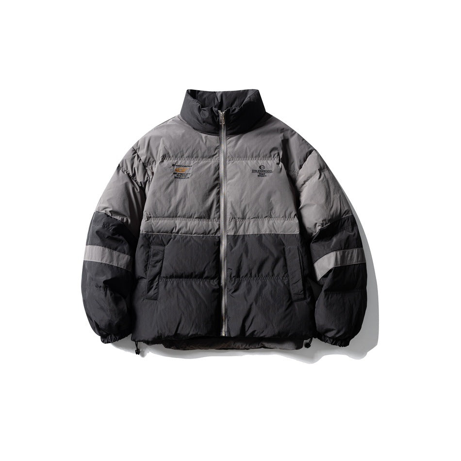 Black and gray color-block quilted puffer jacket with stand collar, front zip and striped sleeves, flat front view