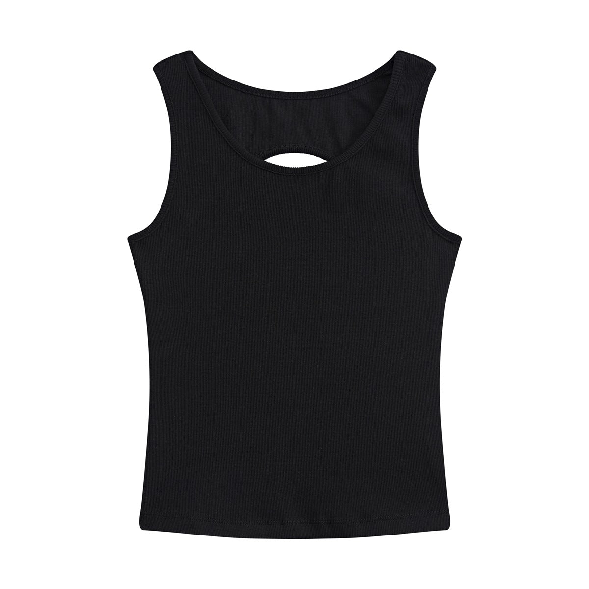 Black ribbed sleeveless tank top flat lay showing round neckline and oval back cutout