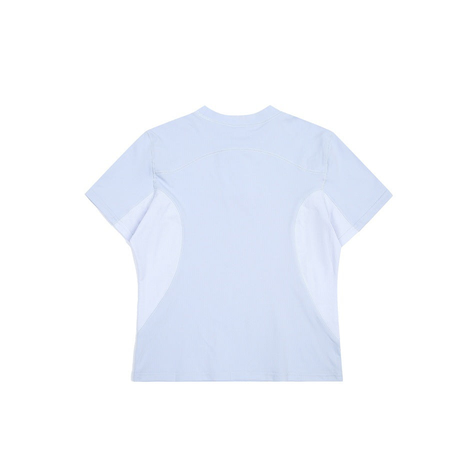 Back view of a pale blue short-sleeve shirt with lighter curved side panels and a curved upper-back seam.