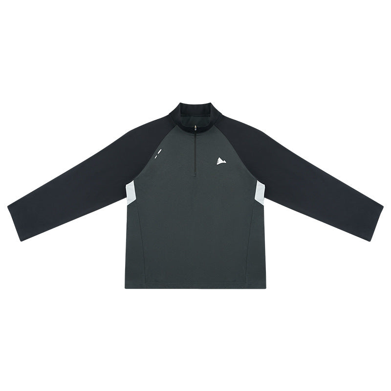 Graphite gray quarter-zip long-sleeve top with black raglan sleeves and collar, flat lay front view