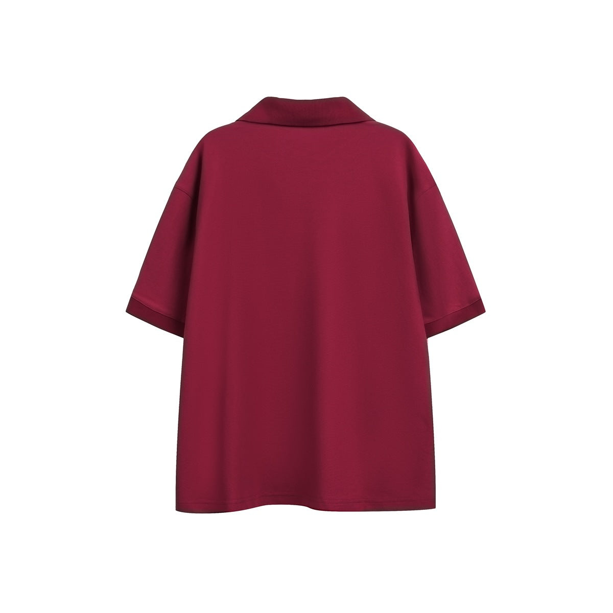 Back view of a plain burgundy short-sleeve polo shirt with a folded collar.