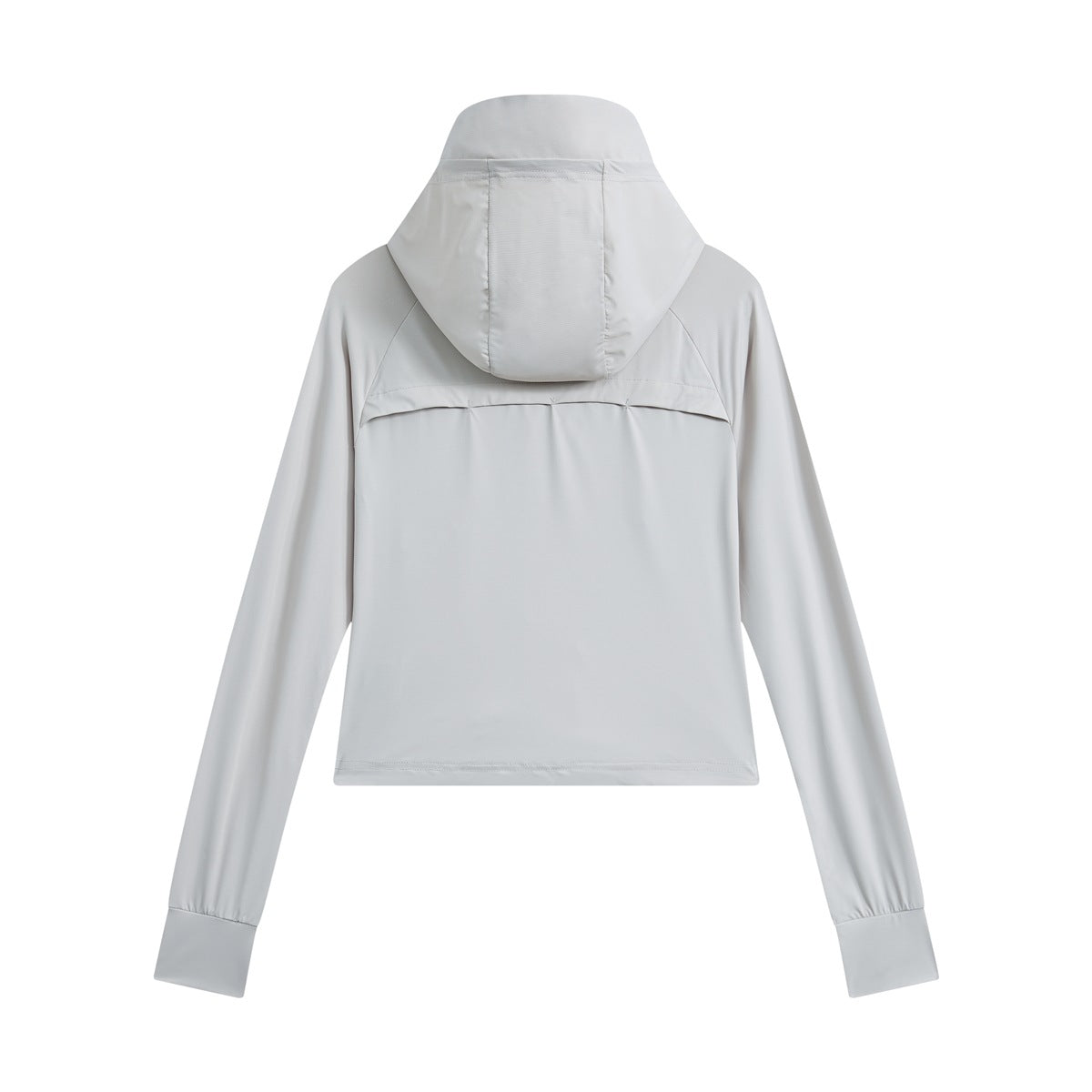 Back view of a light gray hooded jacket with long sleeves and a seam across the upper back.