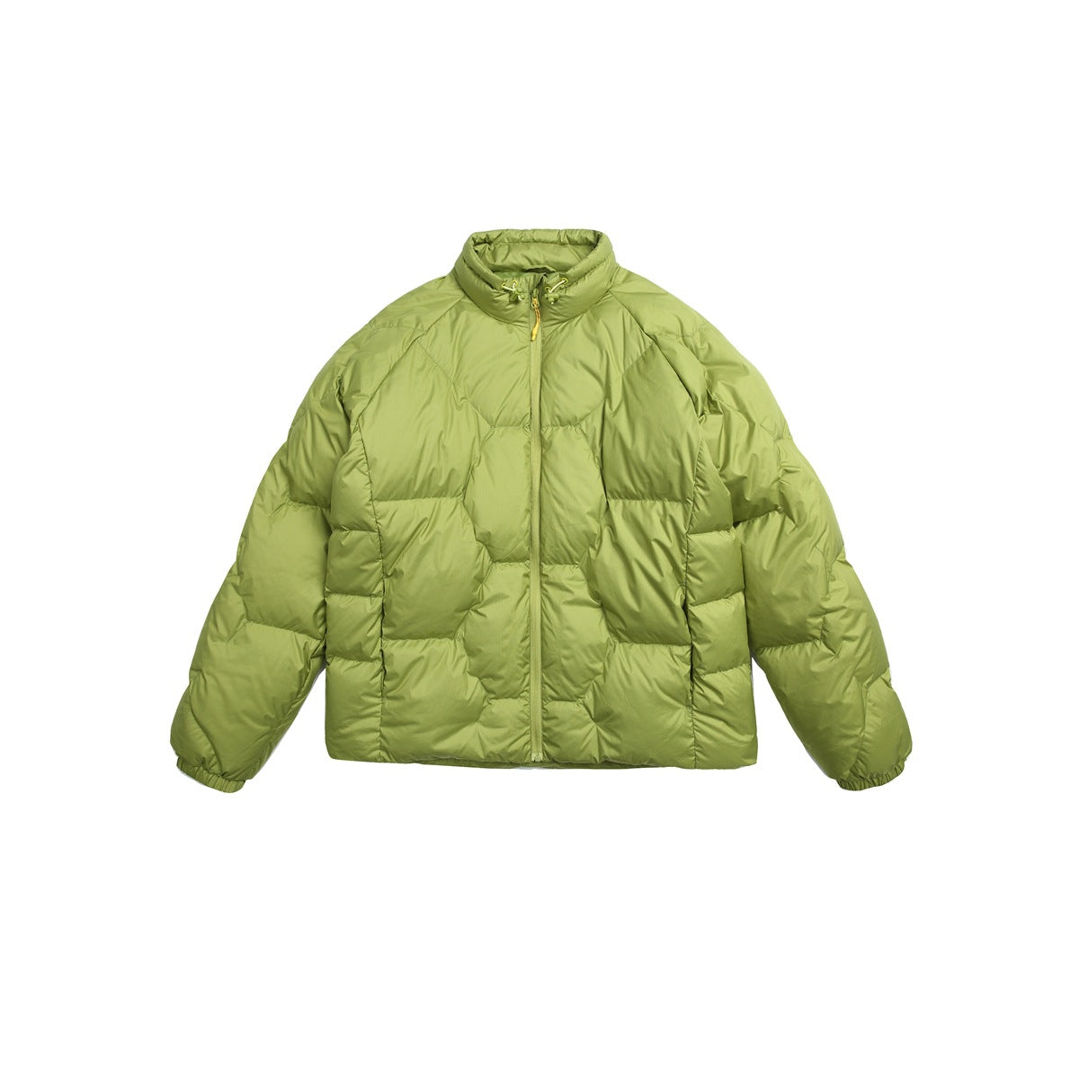 Green hexagon-quilted puffer jacket with stand collar, yellow zip pull and elastic cuffs, flat lay front view