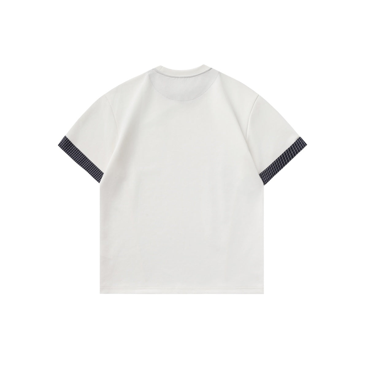Back view of a plain white short-sleeve T-shirt with dark check-pattern trim at the sleeve cuffs.