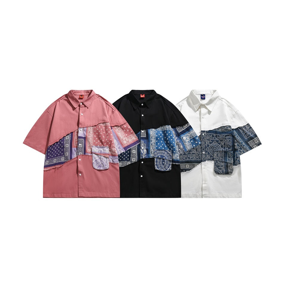 Three short-sleeve button-up shirts in pink, black, and white, each with a contrasting bandana-print panel.