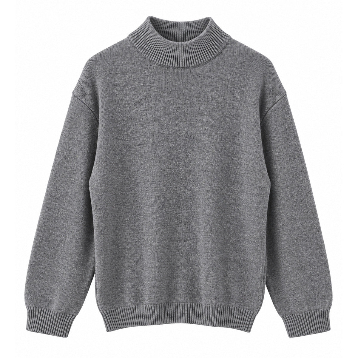 Gray knit mock-neck sweater with ribbed collar, cuffs and hem, flat front view
