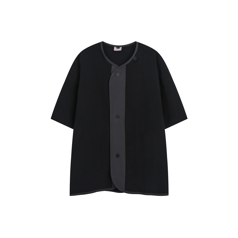 Black short-sleeve collarless button-front shirt with dark gray contrast placket and piping, flat front view