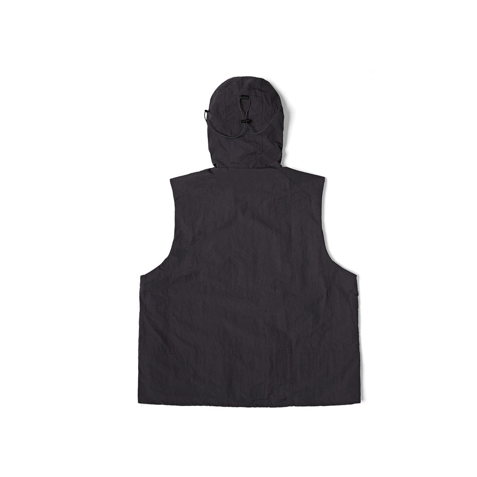 Back view of a charcoal sleeveless hooded vest with an adjustable hood cord.
