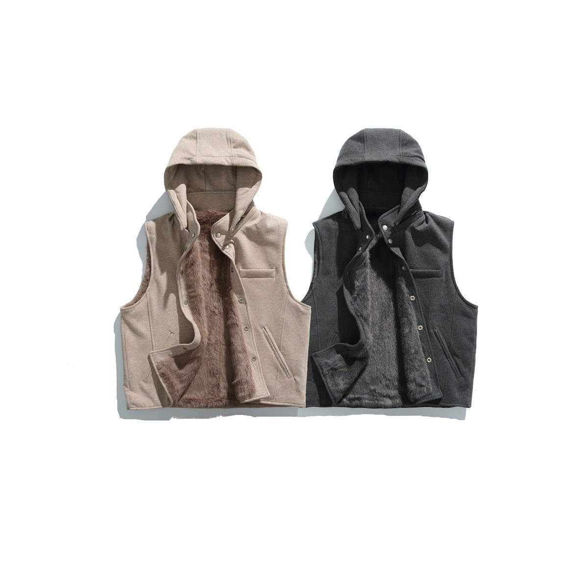Open hooded sleeveless vests in beige and charcoal, showing contrasting plush linings and snap fronts.