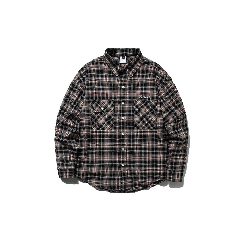 Black and brown plaid long-sleeve button-up shirt with two chest pockets, front view flat lay