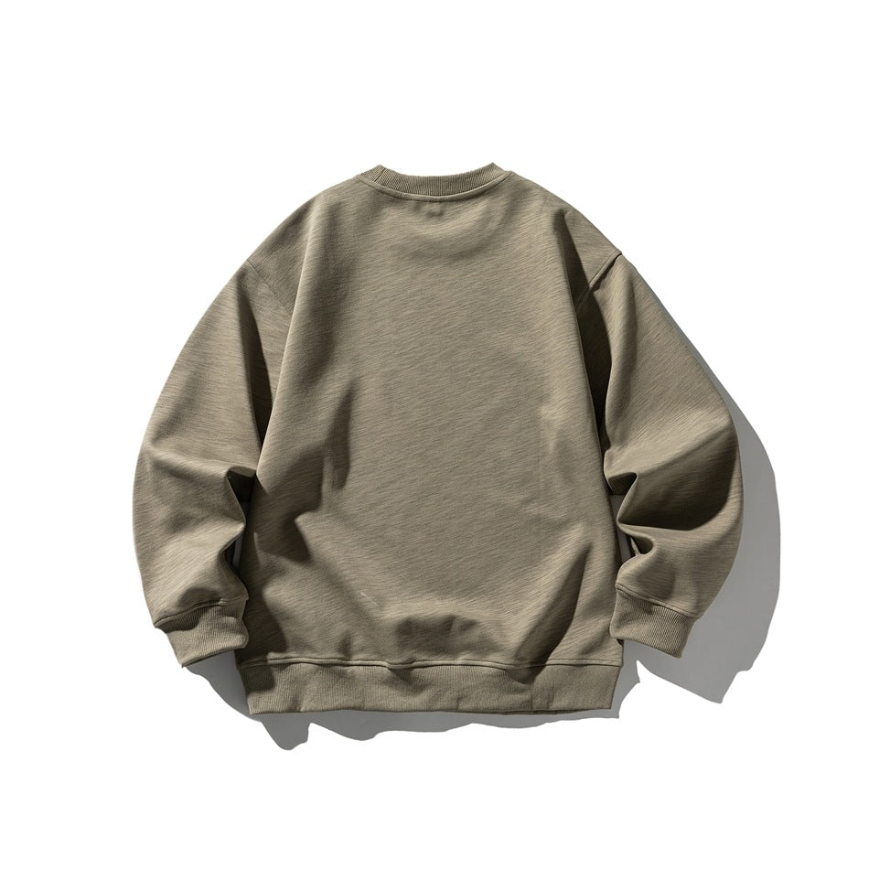 Khaki crew neck sweatshirt flat lay, back view, with ribbed collar, cuffs and hem and drop shoulders