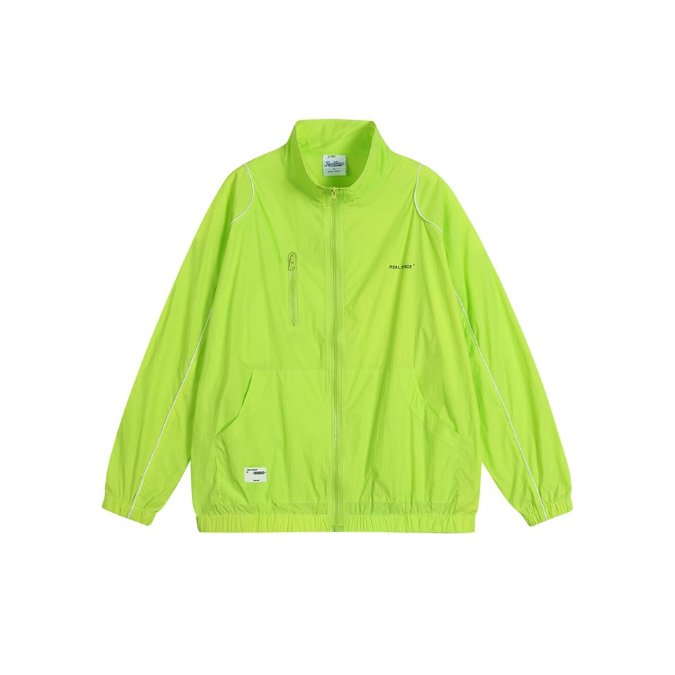 Neon green stand-collar full-zip jacket with white shoulder piping, chest zip pocket and elastic cuffs, flat front view