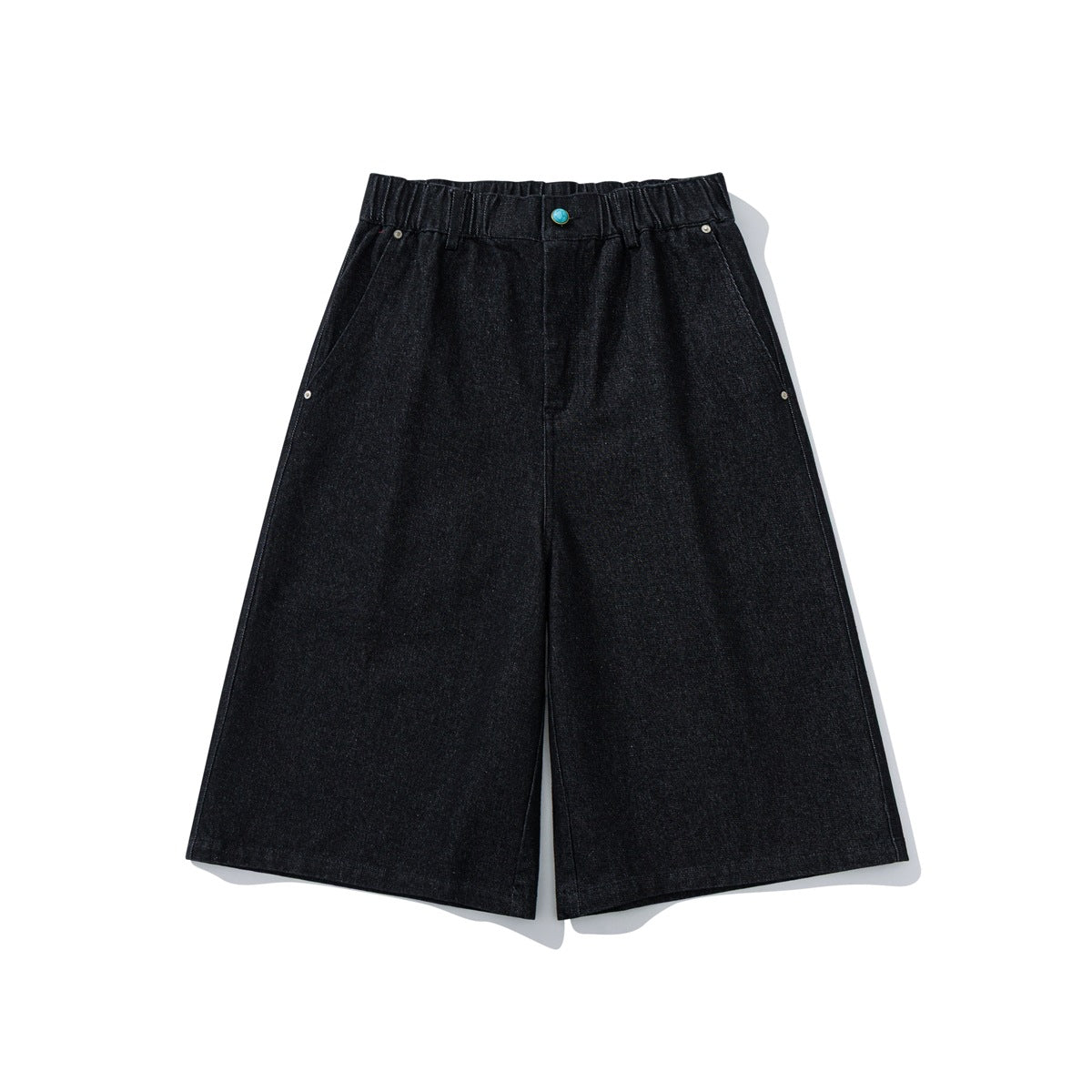 Black wide-leg knee-length denim-look shorts with elastic waistband and turquoise button, front flat lay