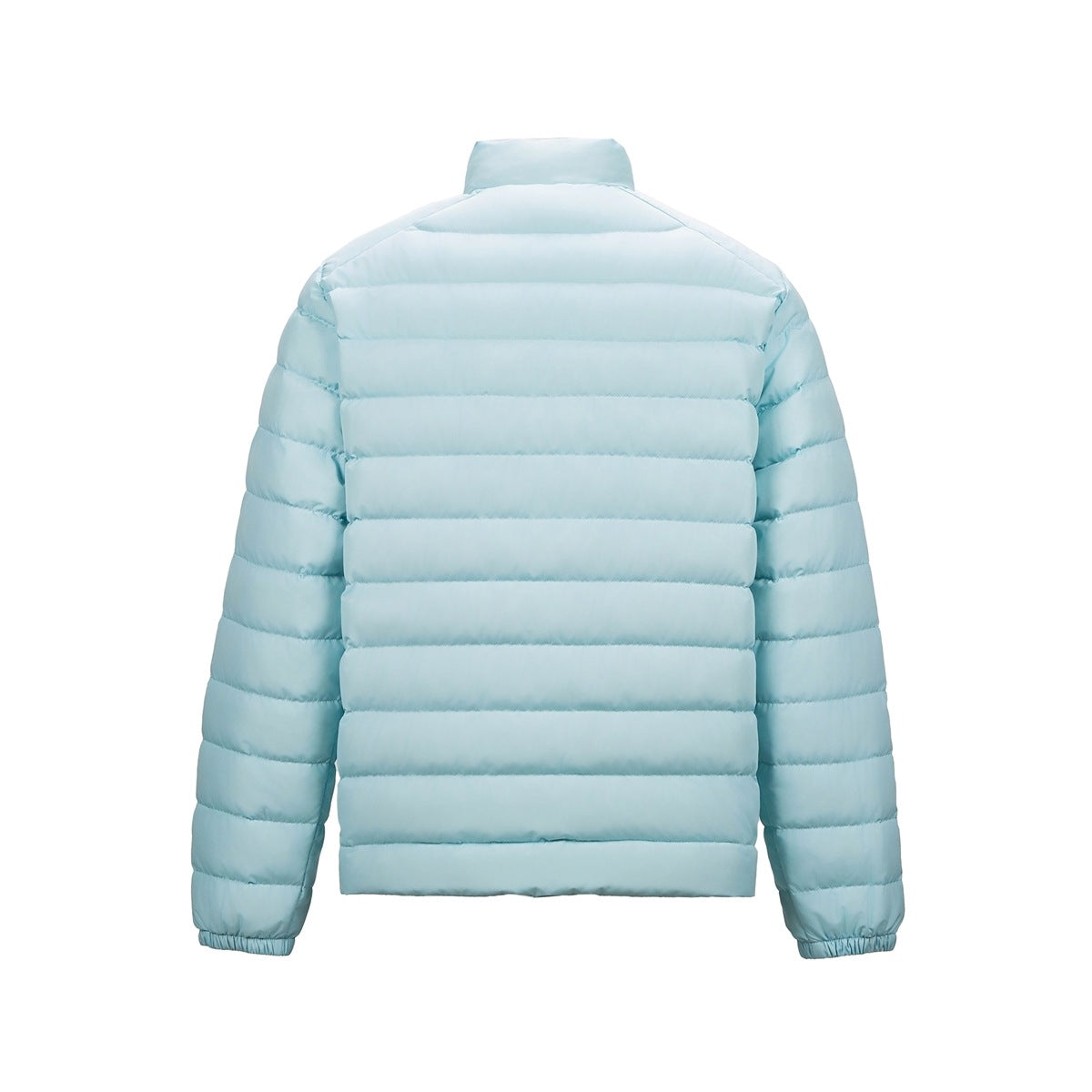 Back view of a pale blue quilted jacket with a stand collar and long sleeves.