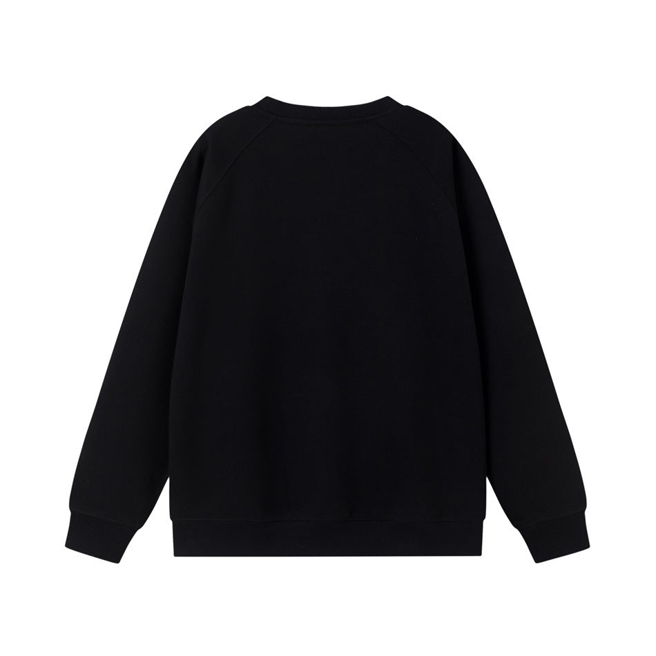Back view of a plain black crewneck sweatshirt with ribbed cuffs and hem