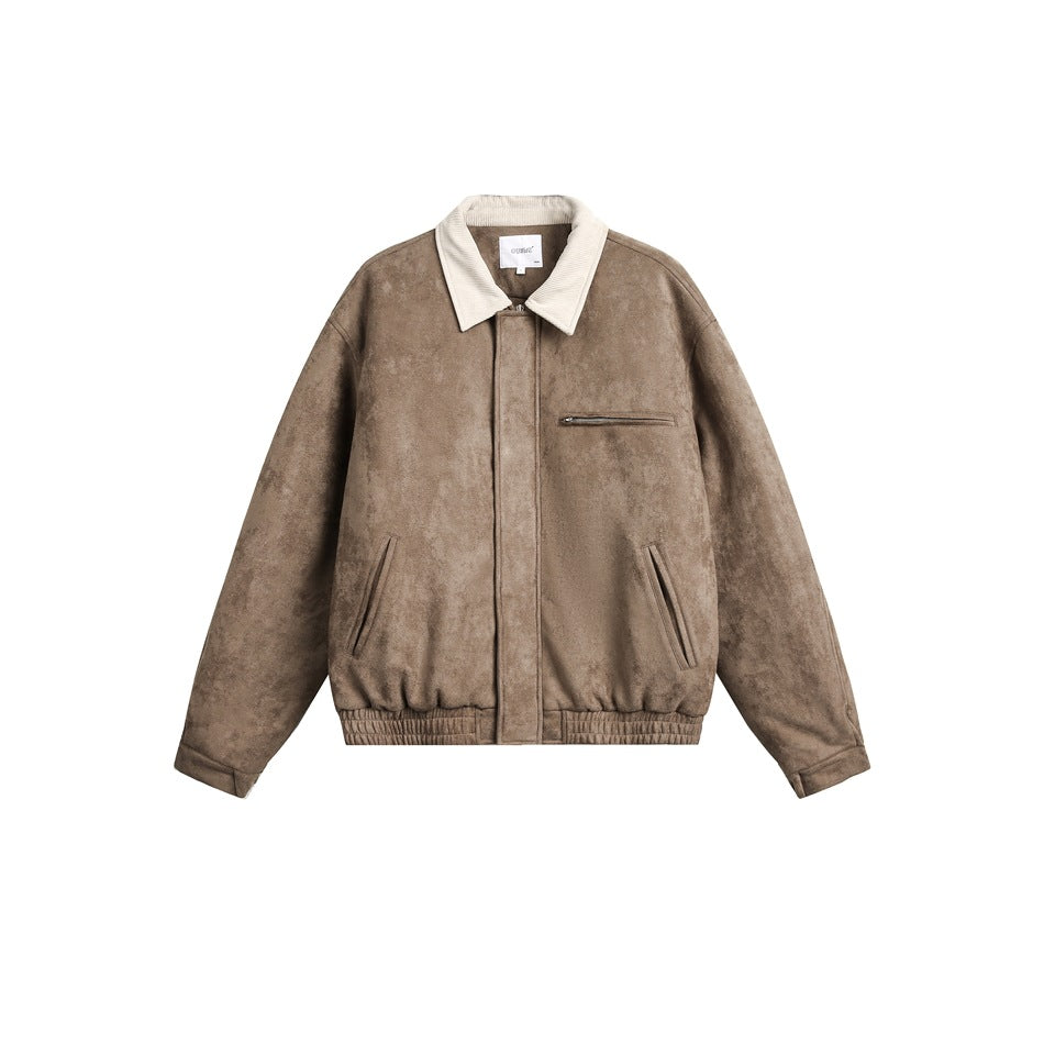Khaki-brown faux-suede jacket with cream corduroy collar, chest zip pocket and elastic hem, flat front view
