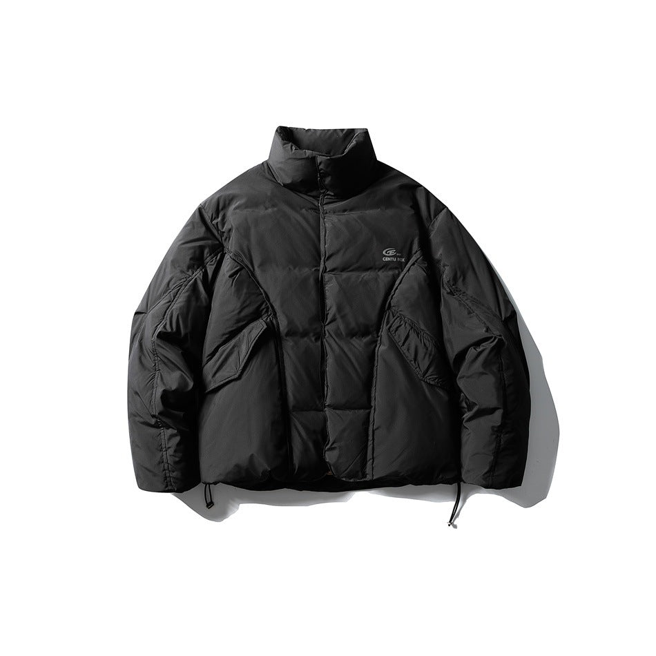 Black stand-collar quilted puffer jacket, front view flat lay, with flap pockets and hem drawcords