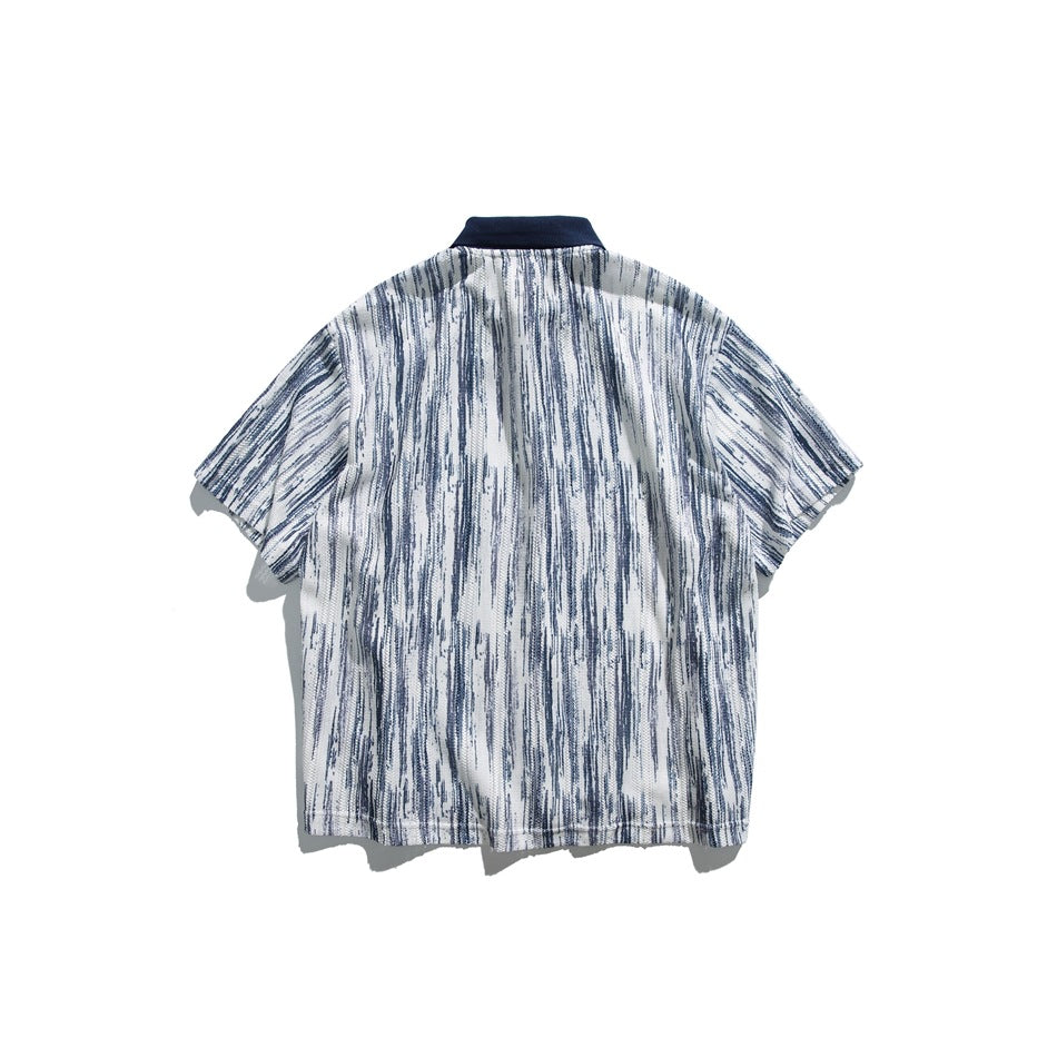 Navy and white streaked short-sleeve shirt with navy collar, flat lay back view