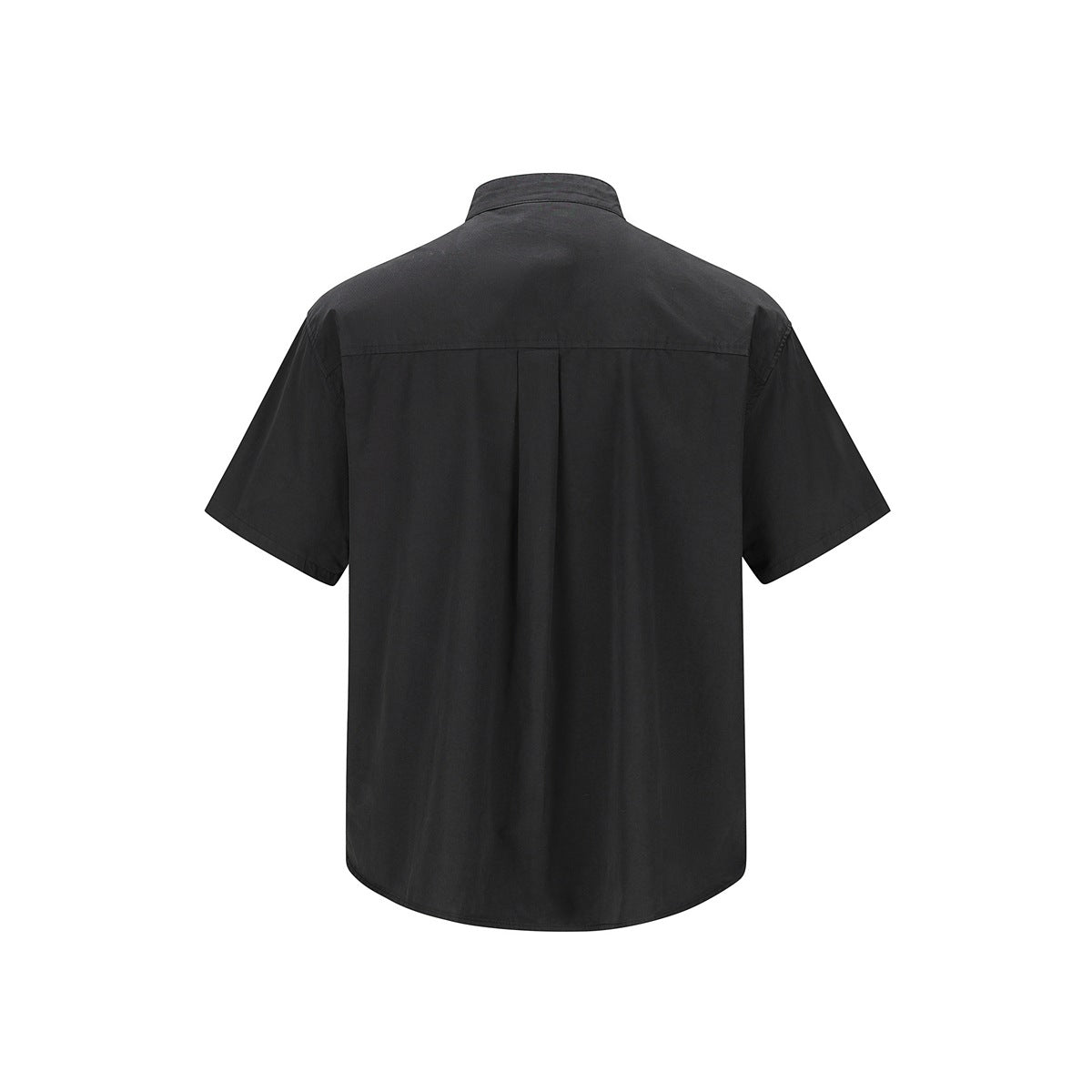 Back view of a black short-sleeve shirt with a band collar and center back pleat.