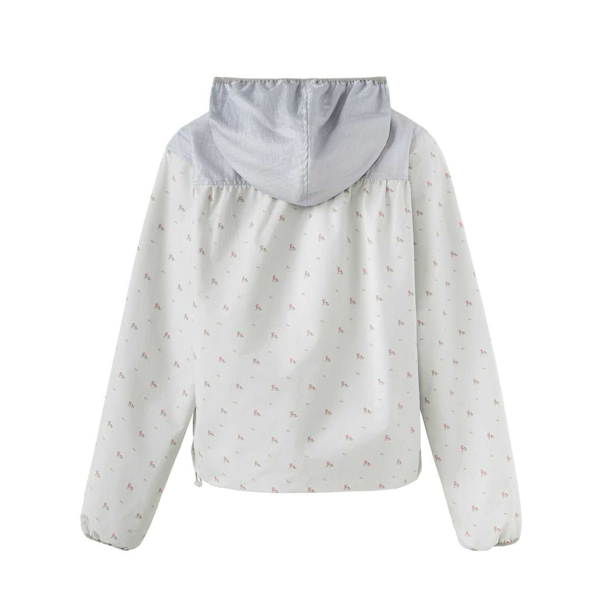 Back view of an ivory hooded jacket with a pale gray hood and scattered pink floral print.