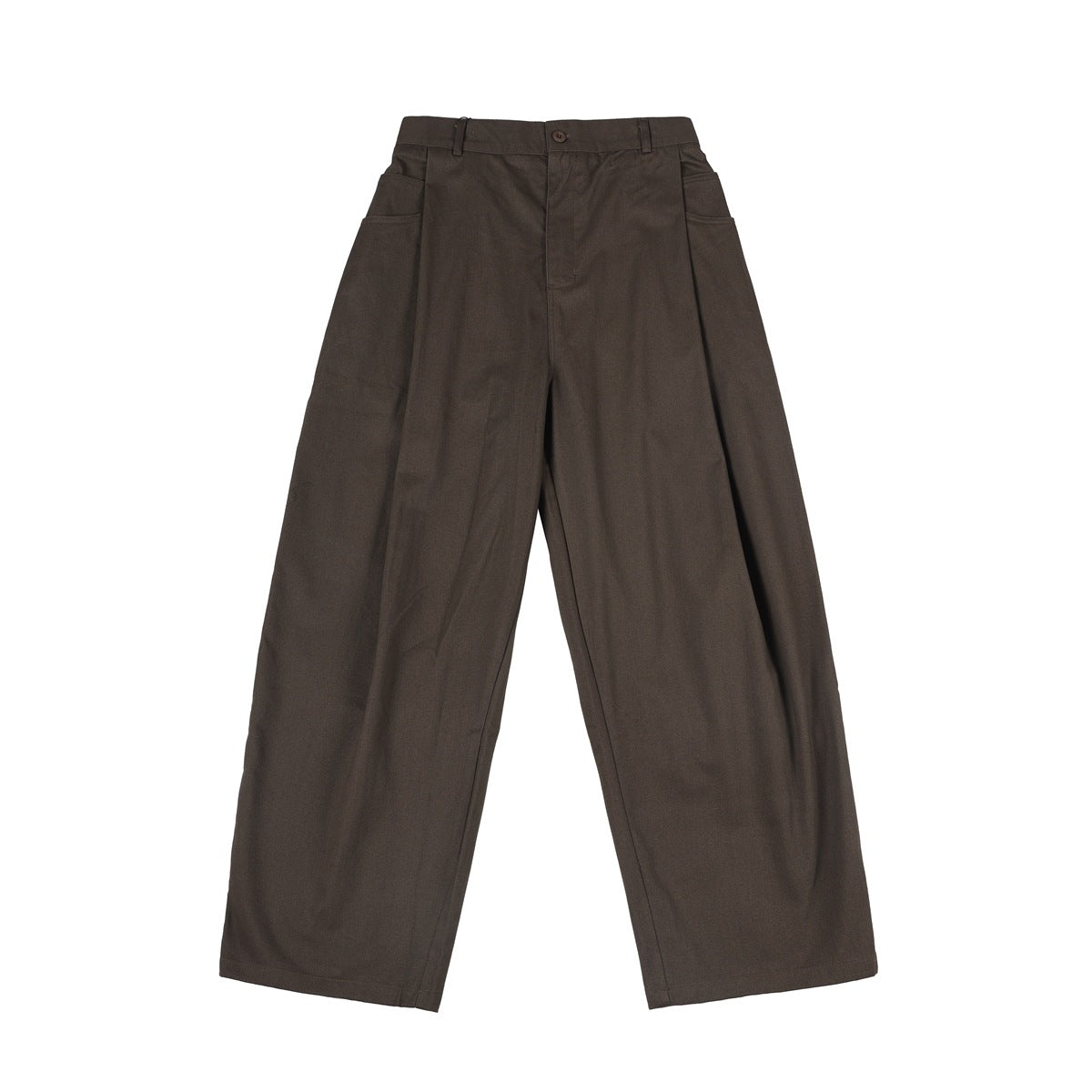 Front view of coffee-brown wide-leg pants with button closure, belt loops and pleated side pockets