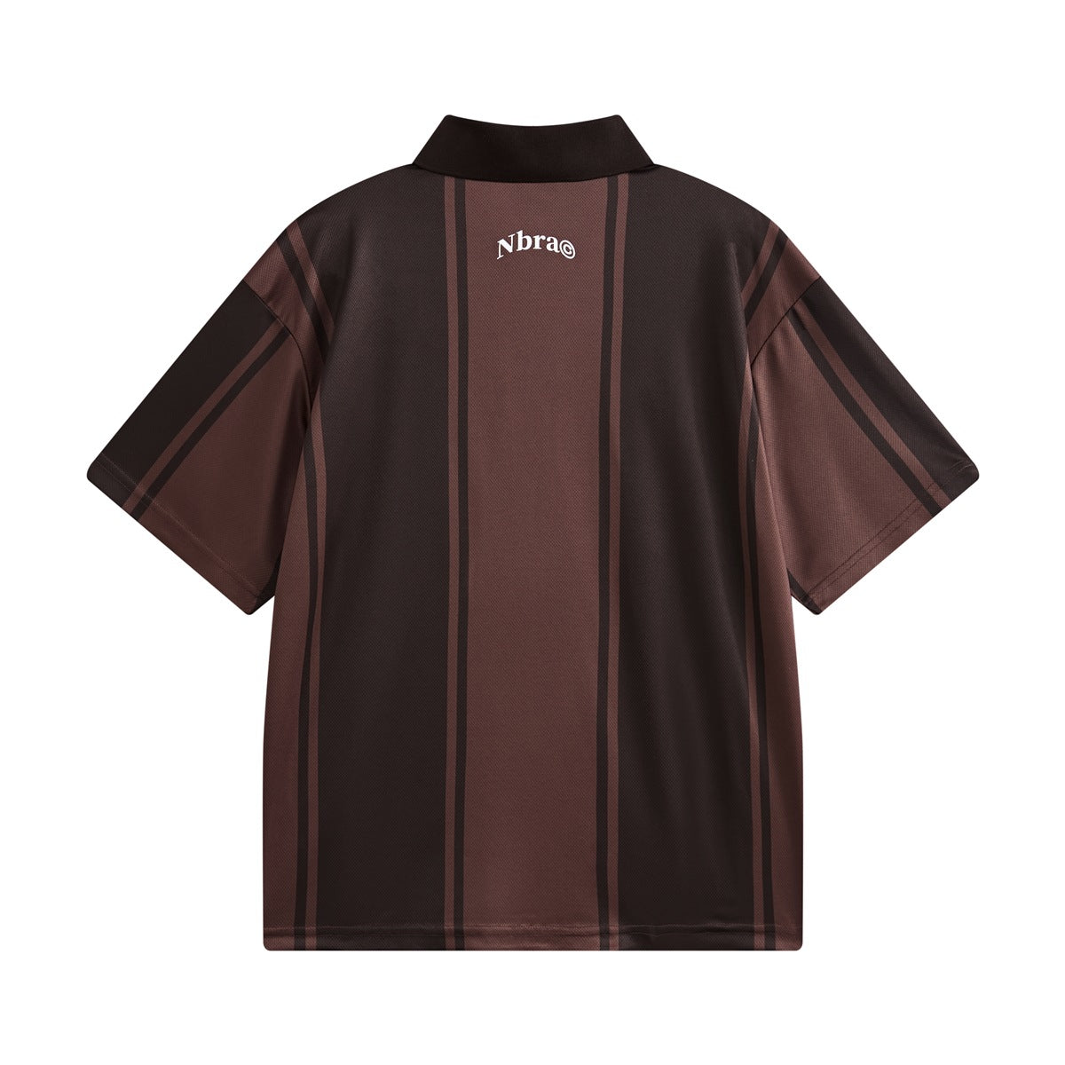Back view of brown striped short-sleeve polo shirt with dark collar and small white print below the neck