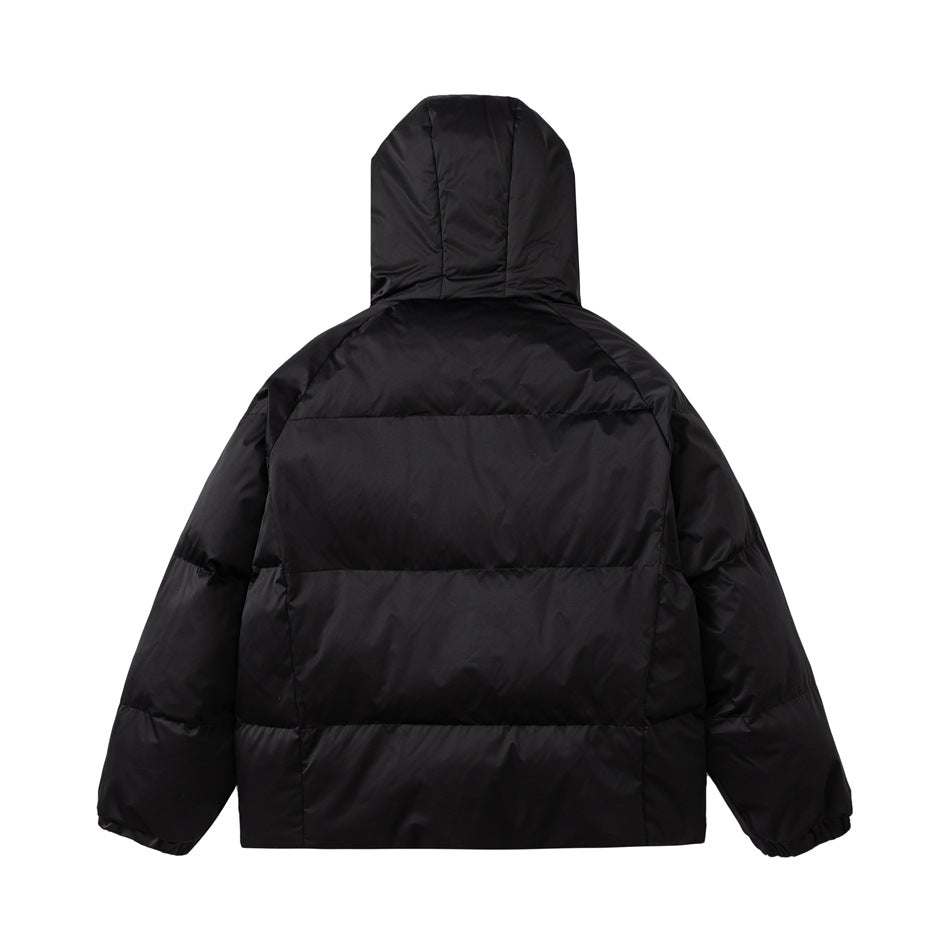 Black hooded puffer jacket shown from the back with the hood raised and horizontal quilted panels.